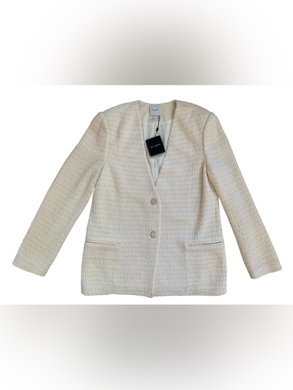 NWT St. John Collection Ivory Bouclé Tweed Blazer Jacket Gold Logo Buttons 12